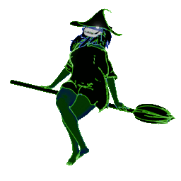 Gif loop of Cyber sitting on a hovering broomstick